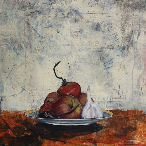 Still life 'Apples, tomatoes, garlic and a red onion'